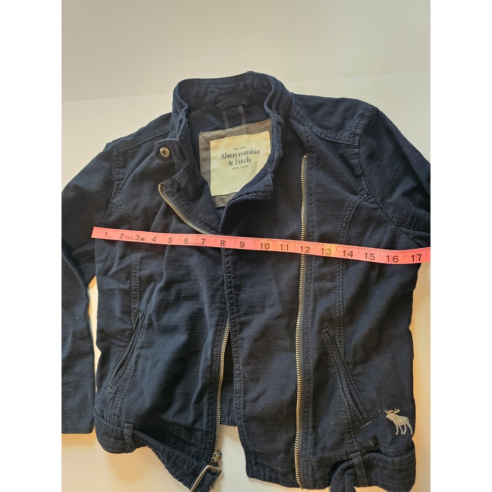 Abercrombie & Fitch Moto Jacket Womens Small Navy Blue Cotton Asymmetric Zip - Picture 3 of 3